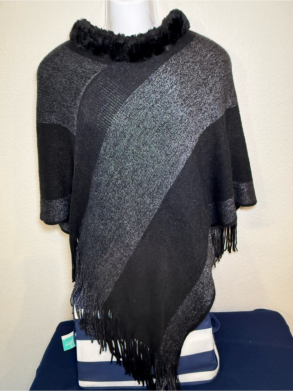 Sapphire Black Metallic Fringe Poncho Cape
Sweater